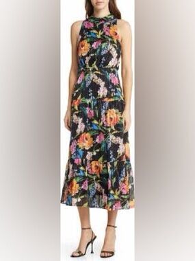 Sam Edelman Black Floral Halter Tiered Midi Dress